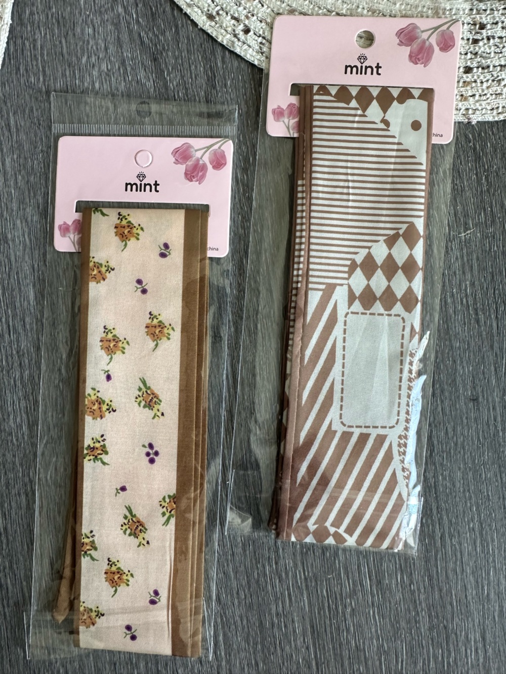 Mint NWT Twilly Autumn Bag Scarf Set of 2 Brown & Cream Floral & Geometric